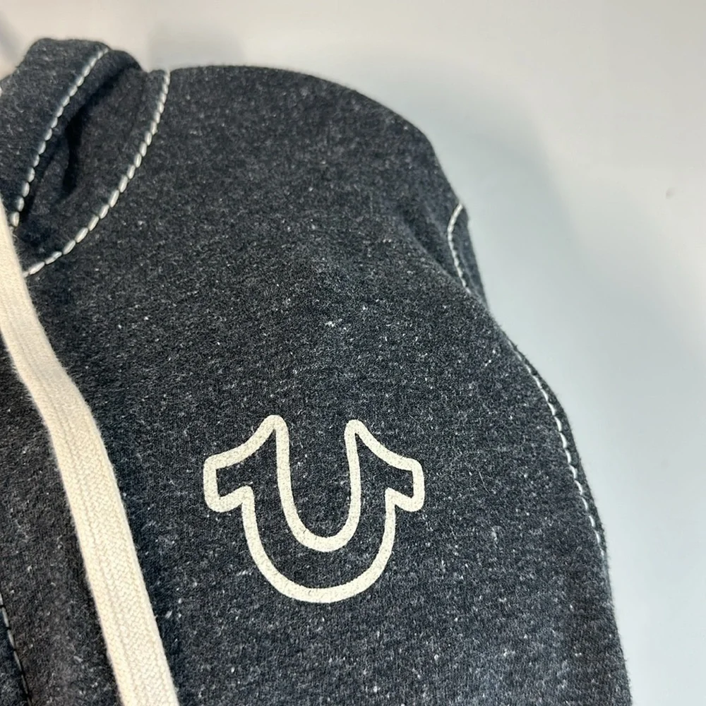 True Religion Men Gray Zip Up Jacket Hoodie Sz XL Buddha Logo Contrast Stitching